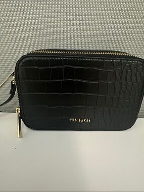 Ted Baker Black Croc-Embossed Leather Camera Bag with Gold Hardware